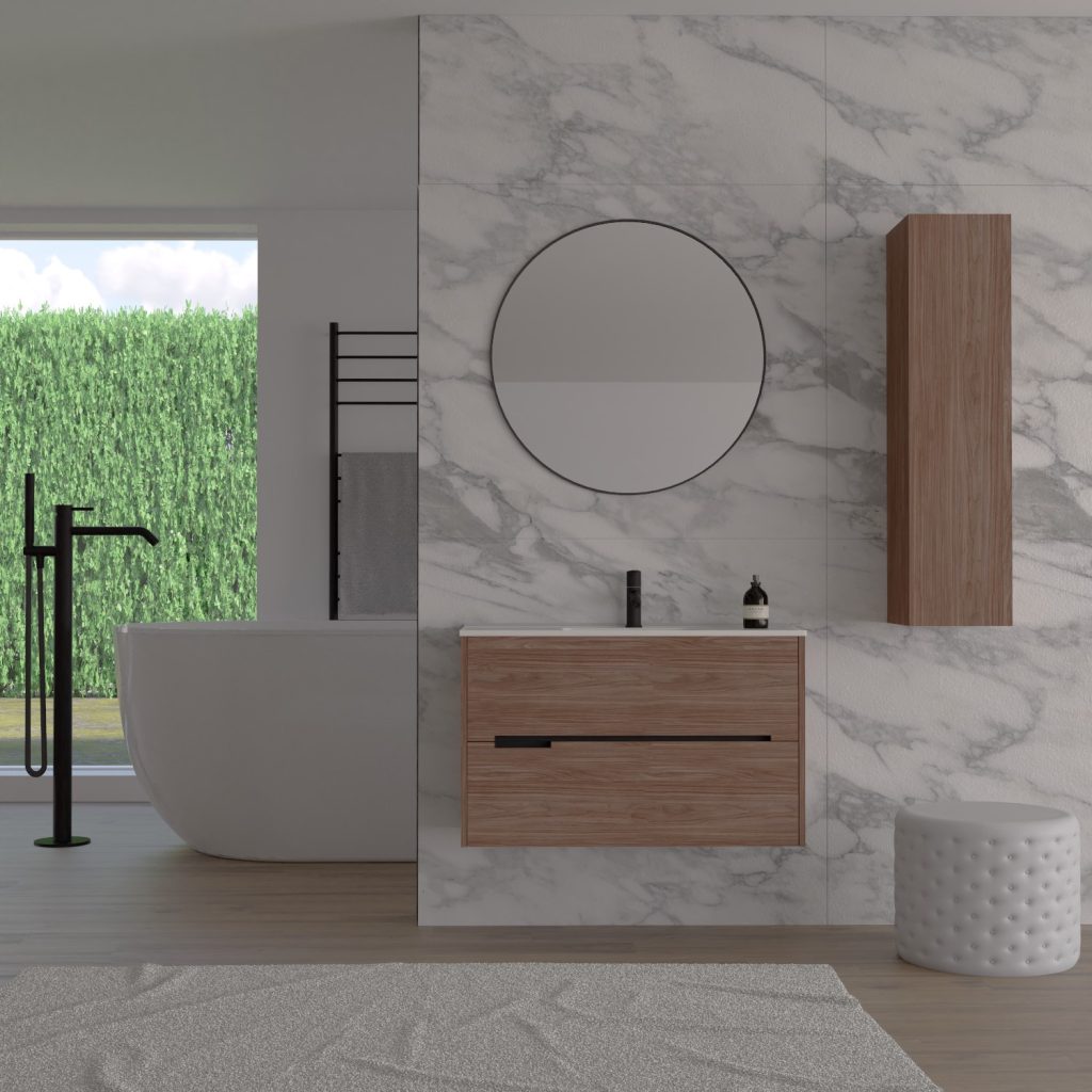 Mueble de baño madera con tirador negro. Colección Adapta